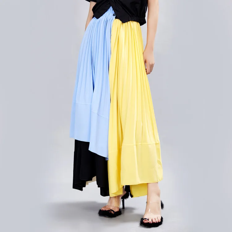 [EAM] желтая плиссированная юбка средней длины с высокой эластичной талией контрастного цвета женская модная новинка весна-осень 1H011