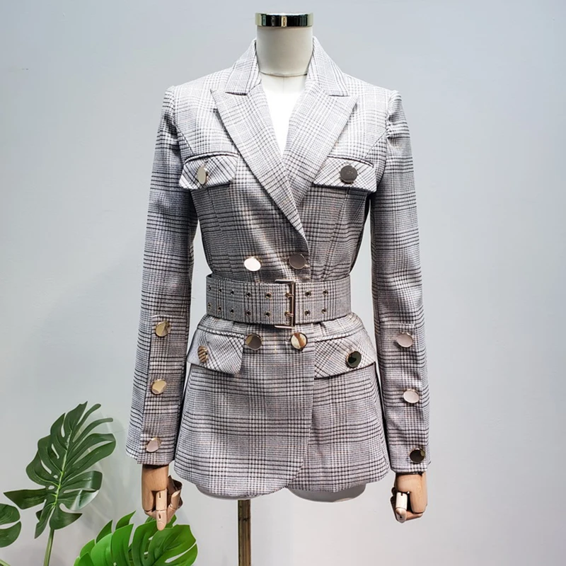 Высококачественная Новая мода дизайнерский Блейзер Женский полосный пояс двубортный клетчатый Блейзер Куртка