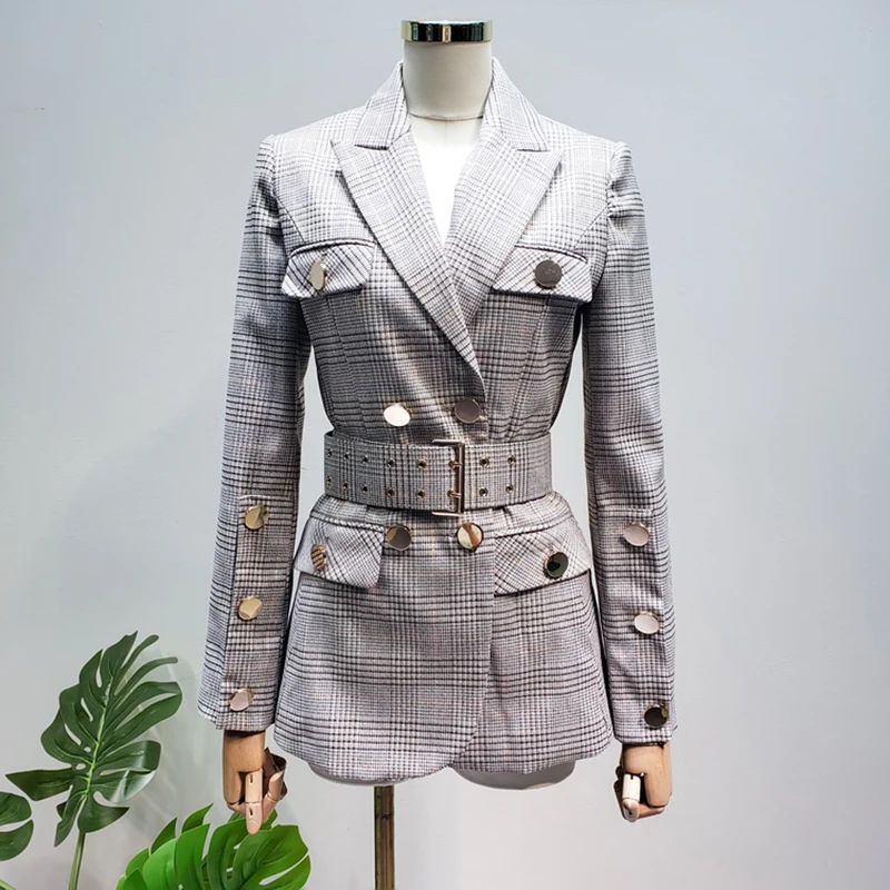 

HIGH QUALITY New Fashion 2019 Designer Blazer Women's Lacing Belt Double Breasted Plaid Blazer Jacket