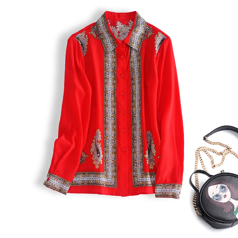

High quality New Fashion Women Contrast color patchwork 100% Silk shirt Temperament Turn-down collar Print Tide Blouse