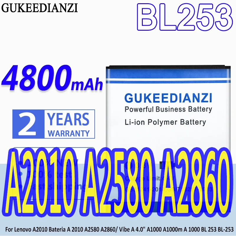 Аккумулятор GUKEEDIANZI BL253 4800 мАч для Lenovo A2010 Bateria A 2010 A2580 A2860/ Vibe 4 0 дюйма A1000 A1000m 1000 BL 253 |