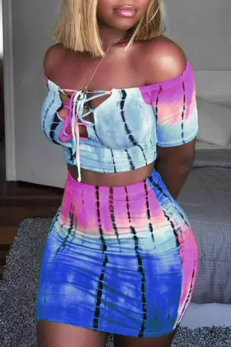 Hot Sell 2 Pieces Sexy Women Set Short Sleeve Slash Neck Bandage Crop Tops High Waist Mini Skirt Print Summer Sets Plus Size |