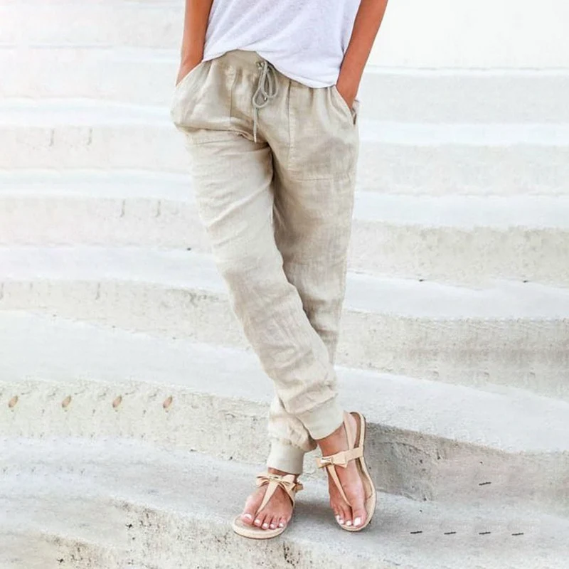 

Muyogrt Cotton Linen Joggers Women High Waist Pants 3XL Pluz Size Drawstring Loose Pants Summer Elastic Trousers Ropa Mujer