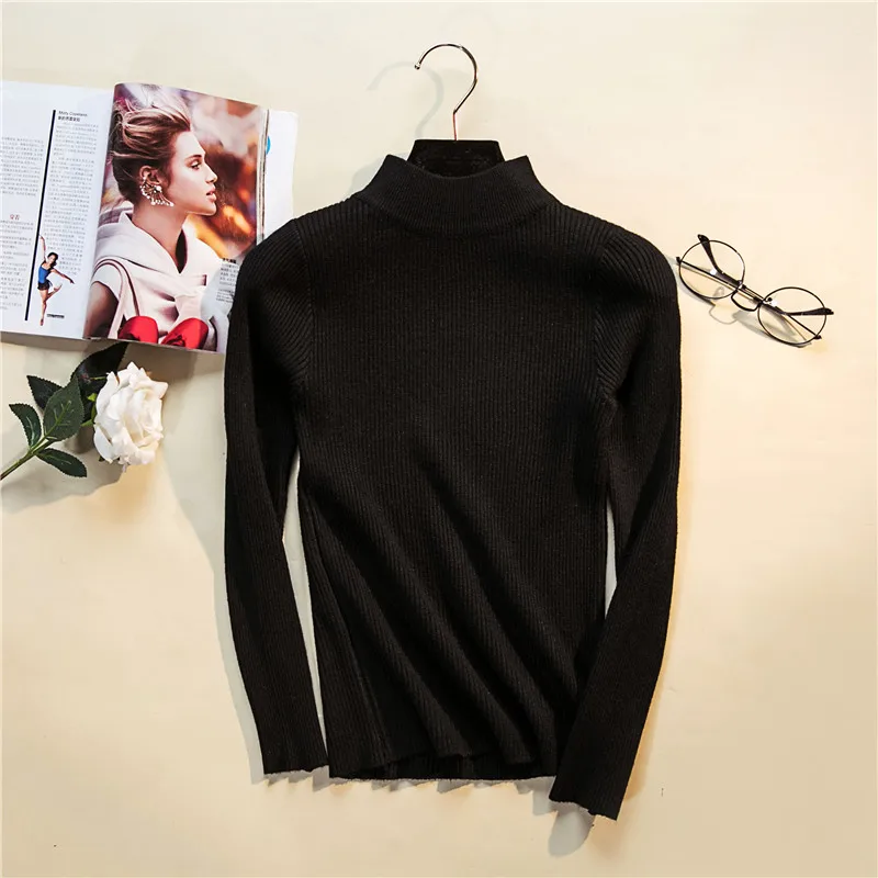 black sweater Fionto осень зима женские пуловеры свитер вязаный эластичный Повседневный джемпер модный тонкий водолазка теплые женские свитера - Цвет: black sweater