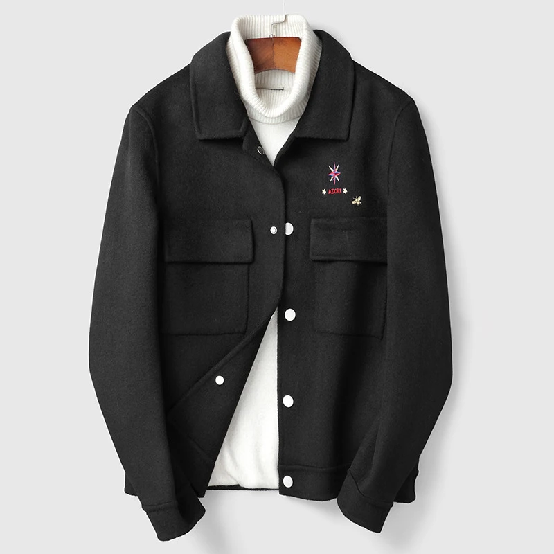 

Overcoat Men's Wear Short Fund Embroidered Trend Wool Two-sided Heavy Woolen Cloth Loose Coat Man Self-cultivation Loose Coat