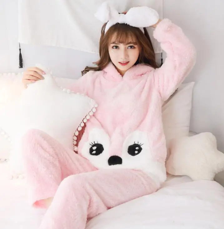 Color 2 2 шт. зимние женские пижамные комплекты одежда для сна с длинными рукавами теплая Пижама мягкие спальные костюмы пижамы милый животный женский домашний костюм - Цвет: Color 2