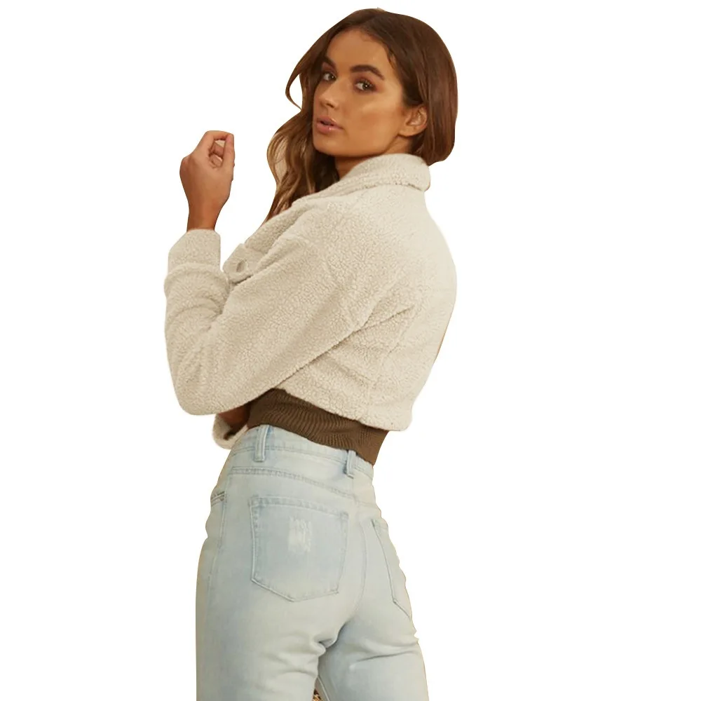 Autumn And Winter New Style Elegant Fold-down Collar Retro Lambs Wool Solid Color Single-Row Metal Buckle Jacket Short Coat