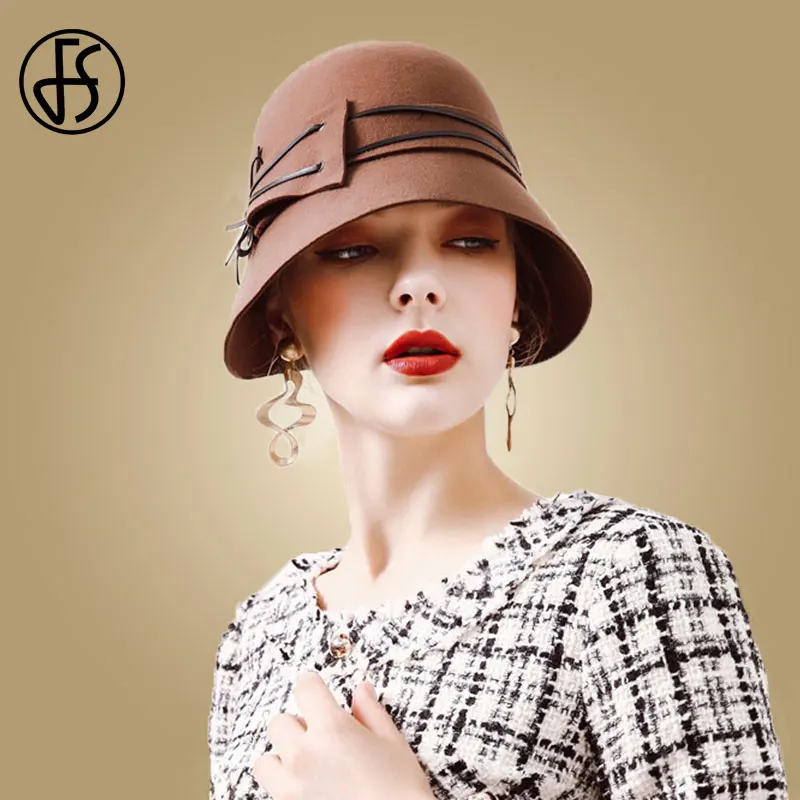 

FS Winter Felt Hats For Women Wool Fedora Ribbon Royal Blue Black Hat Fall Lady Wide Brim Bowler Cap Church Chapeau Fedoras