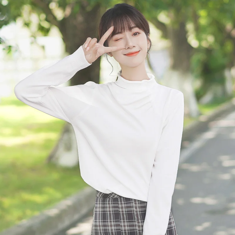 Chic Khaki 2020 New Fall and Winter Inner Wear Top Loose Mock Neck Bottoming Sweater Women's Design Fashion | Женская одежда