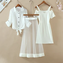 

Autumn New Three Piece Sets Fashion Outfits White Long Sleeve Shirt Cold Cut Out Off Shoulder Mini Dress Long Mesh Sheer Skirts