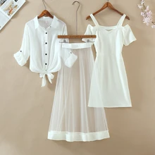 Autumn New Three Piece Sets Fashion Outfits White Long Sleeve Shirt Cold Cut Out Off Shoulder Mini Dress Long Mesh Sheer Skirts