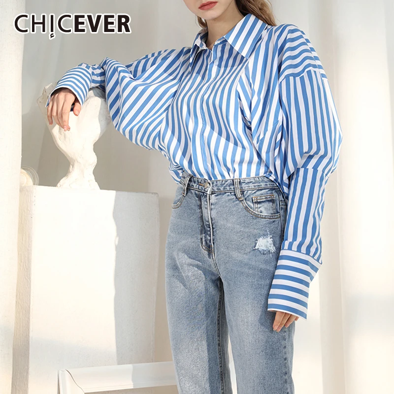 

CHICEVER Summer Striped Womens Tops And Blouses Lapel Puff Sleeve Loose Hem Asymmetrical Shirt Female Fashion New 2019 Korean