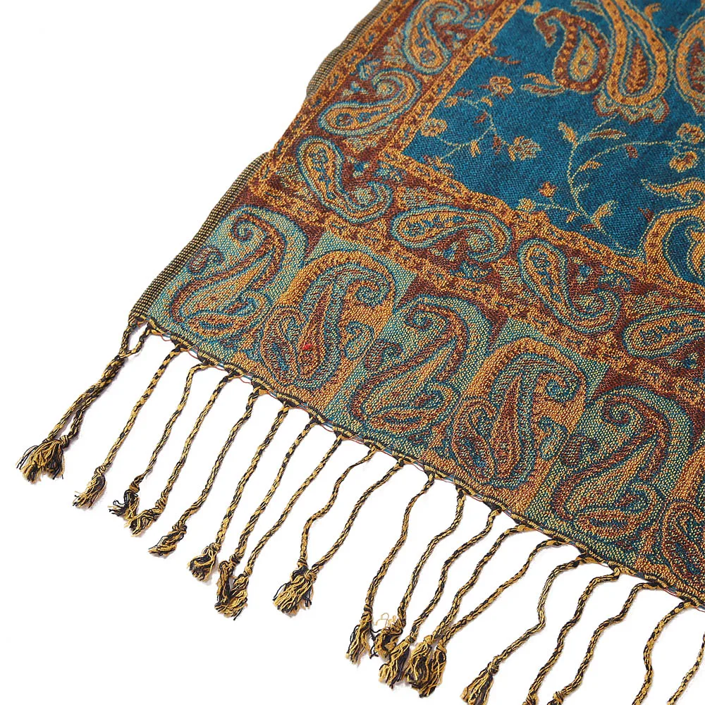 Pashmina Silk Scarf Shawl Wrap Paisley Jacquard Flowers Borders Rave 2 Layers Reversible Classic Tassels For Women 70X180cm 200g 6