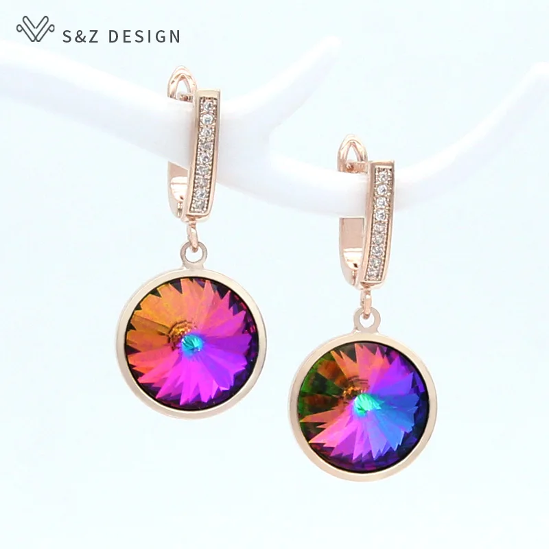 S&Z DESIGN New Luxury Elegant Colorful Round Crystal Dangle Earrings For Women Wedding 585 Rose Gold Color Jewelry