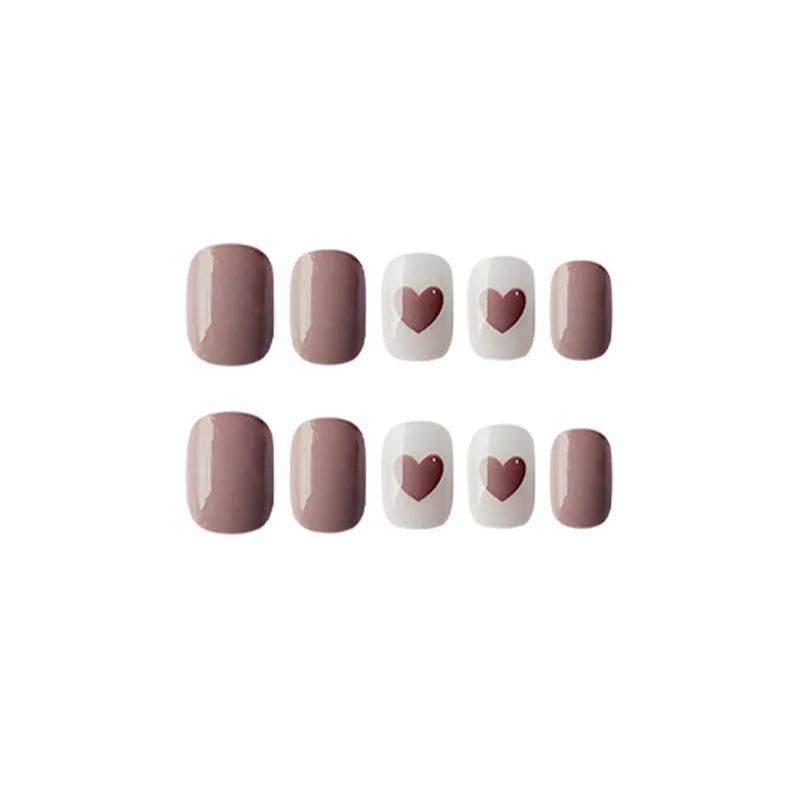Nusx Ladies DIY Fake Nail Heart Pattern Shiny Brown Coffee Color Full Cover Short Press On 4
