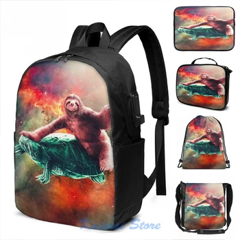 

Funny Graphic print Funny Space Sloth Riding On Turtle USB Charge Backpack men School bags Women bag Travel laptop bag