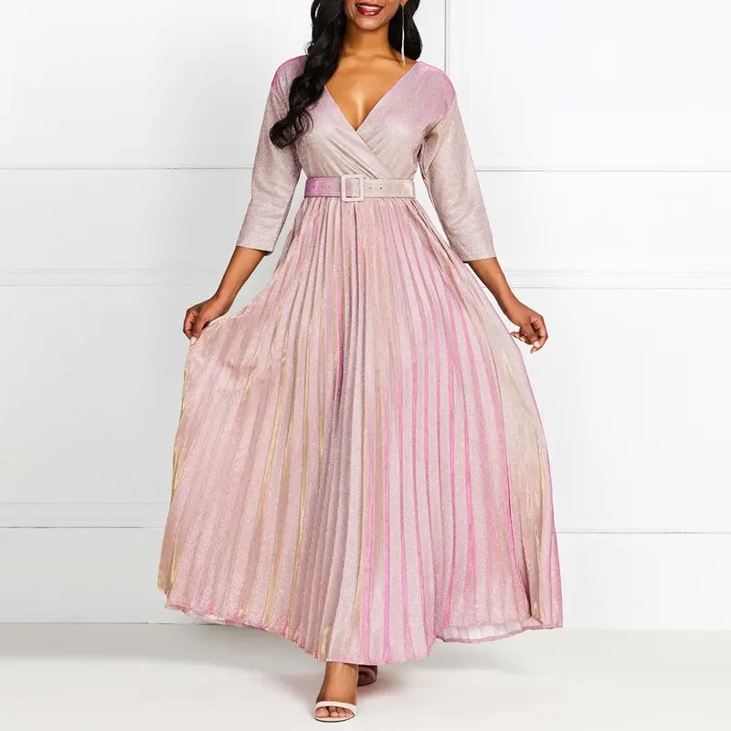 

2019 Women Long Dress Pink Gradient Pleated V Neck Three Quarter Sleeve Floor Length Belt Elegant Party Dress Plus Size XL