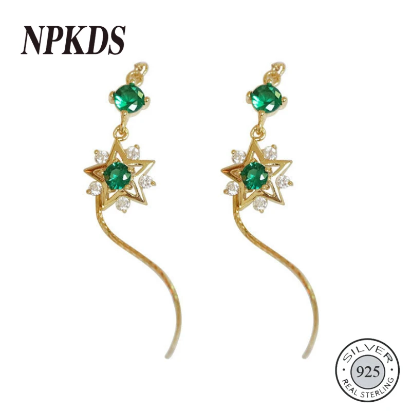 

925 Sterling Star Emerald Drop Earrings Round Green Zircon Elegant Luxurious Women's Earrings Creative Jewelry Charm Girls Gifts
