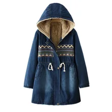 Женская джинсовая ветровка, зимняя куртка, новая мода, с капюшоном, овечья шерсть, теплая джинсовая одежда из хлопка, женское базовое пальто K383