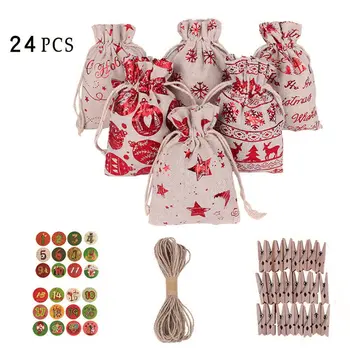 

24pcs Cotton Linen Christmas Gift Packaging Bag Children's Candy Tote Bag Christmas Double Drawstring Gift Bag