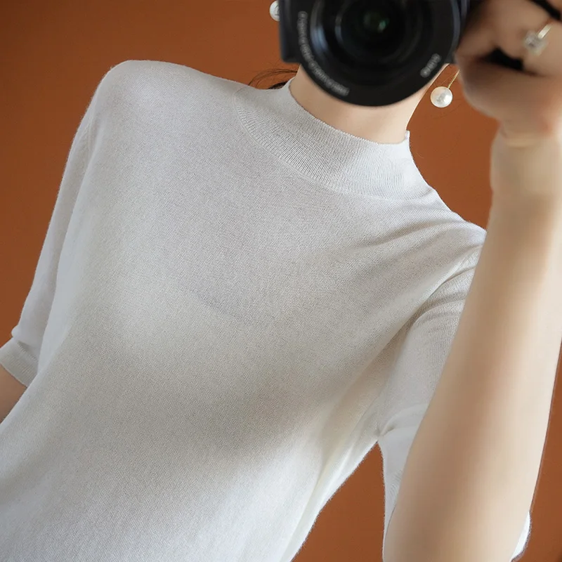 

Women's T-Shirt 100% Fine Worsted Wool Sweater O-Neck Knitted Thin Pullovers Spring Summer Female Casual Soft Comfort Girl Clot