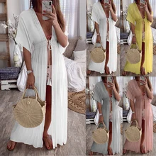 Сексуальный пляжный закрытый купальник белого цвета с v-образным вырезом, длинное платье размера плюс, женское бикини, купальный костюм, Пляжная туника