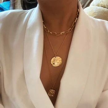 

VKME Multi-layer Long Gold Coin Necklace For Women Flower Chain Charm Pendants With Portrait Design Fashion Jewelry Gift