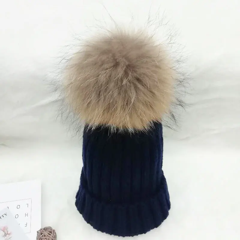 Утепленные зимние шапки с помпонами для женщин, меховая женская шапка Выходная шляпа, мягкие шапочки, шапка, шапка - Цвет: Тёмно-синий