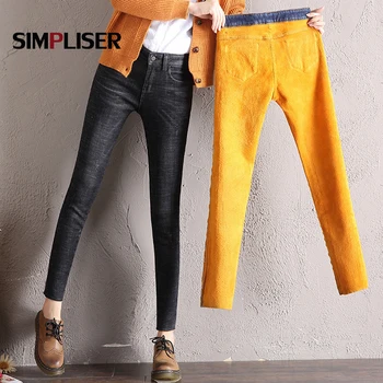

Warm Jeans Pants 2019 Winter Skinny Jeans Pencil Pants High Waisted Stretch Leggings Plus Size 32 Ladies Mom Jeans Denim Blue