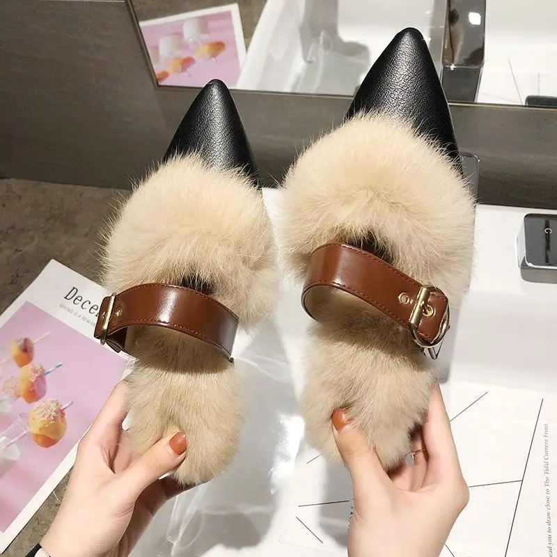 

Furry Closed-toe ban tuo xie Women's Autumn & Winter Outer Wear Anti-slip Wool Slippers Women's Tennis Red Lazy Cotton Slippers
