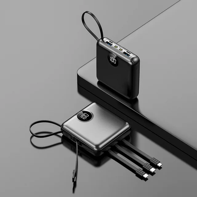 Mini Power Bank Portable Charger Digital Display 20000mAh External Battery Built in 4 Cables Powerbank Dual LED Light Powerbank Black
