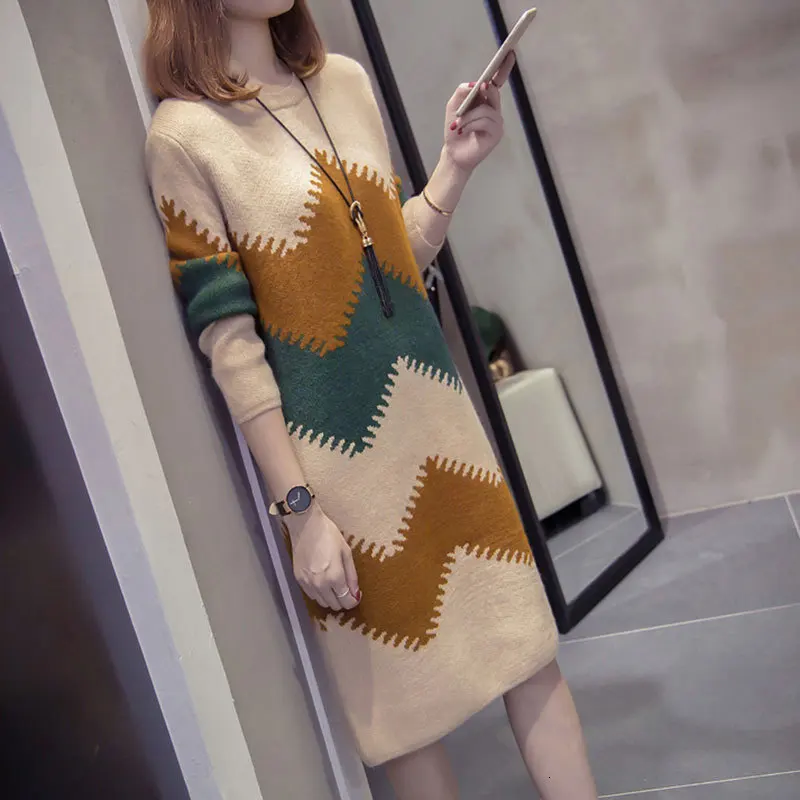 

New Women Harajuku Sweater Dress Winter Casual Plus Size Patchwork Color O-neck Pullover Loose Long Knitted Sweater