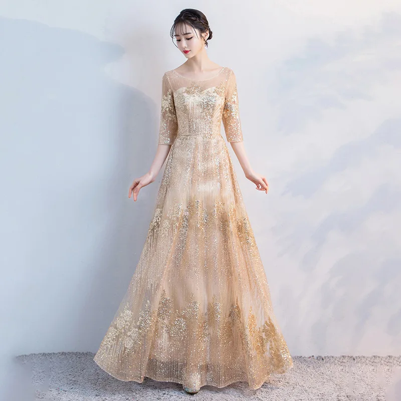 Dress sexy charming Female Qipao Wedding Bridesmaid Dress Vintage hot sale Golden cheongsam modern dress new arrival 2020 Dress sexy charming Female Qipao Wedding Bridesmaid Dress Vintage hot sale Golden cheongsam modern dress new arrival 2020