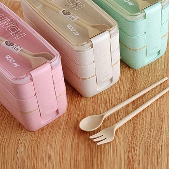 

Fashion 900ml 3 Layers Bento Box Eco-Friendly Lunch Box Food Container Wheat Straw Material Microwavable Dinnerware Lunchbox