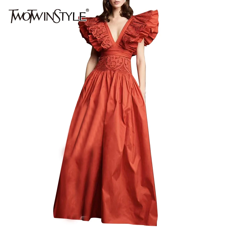 TWOTWINSTYLE Sexy Lace Patchwork Ruffle Dress For Women V Neck Sleeveless High Waist Maxi Dresses Female 2020 Summer Fashion New TWOTWINSTYLE Sexy Lace Patchwork Ruffle Dress For Women V Neck Sleeveless High Waist Maxi Dresses Female 2020 Summer Fashion New