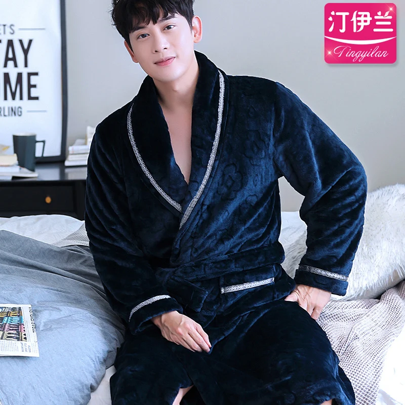 mens fleece pajama pants Men Winter Warm Flannel Robe Nightwear Thick Kimono Bathrobe Male Printed Flowers Sleepwear Home Soft Coral Fleece Dressing Gown men's pajama sets Men's Sleep & Lounge