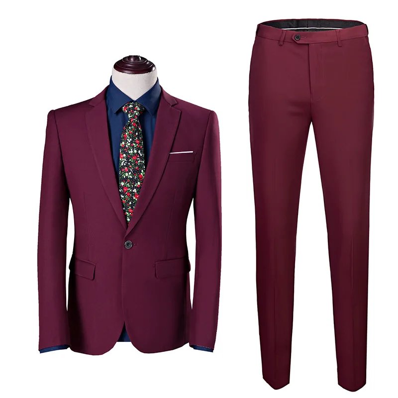Wine Red Мужские белые костюмы из 2 предметов со штанами, Элегантный Приталенный костюм на одной пуговице, Свадебный костюм жениха, мужской деловой костюм, мужской костюм Terno Masculino - Цвет: Wine Red