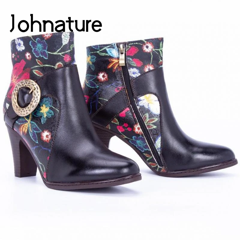 

Johnature Genuine Leather Ankle Boots Women Shoes 2020 New Print Zip Thin Heels Pointed Toe Handmade Flower Platform Boots