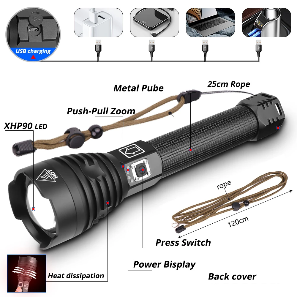 Brightest lanterna XHP90 LED long-range flashlight powerful Waterproof LED torch use 18650 battery USB Rechargeable for camping