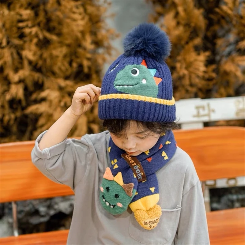 2PCS Set Winter Children's Hat + Warm Scarf Knitted,Cartoon Dinosaur Beanies Scarf Set For Children Girls Boys Kids Accessories