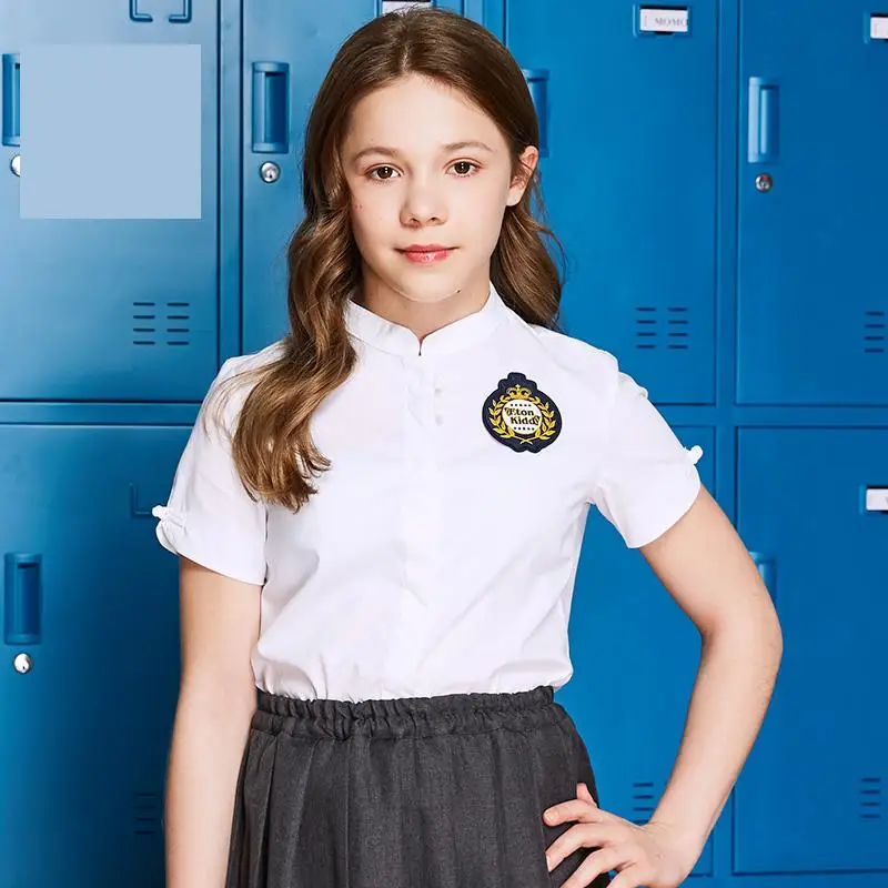 

Formal School Girls Short Sleeve Stand Collar Student Solid Color White Elastic Poplin Light Shirts Chinese Blouse Uniform