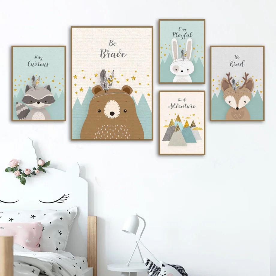 

Bear Rabbit Fox Deer Nursery Wall Art Canvas Painting Cartoon Nordic Posters And Prints Wall Pictures Girl Boy Kids Room Decor