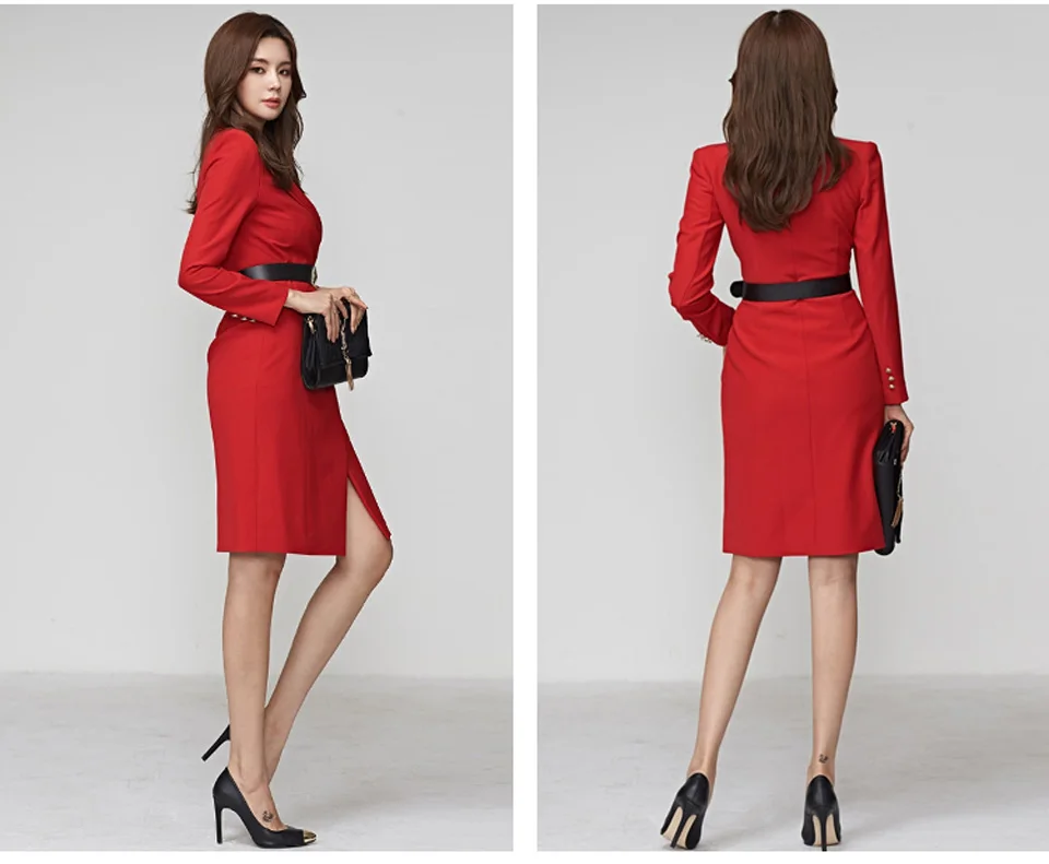 Красное офисное женское платье осень зима теплое с высокой талией ...