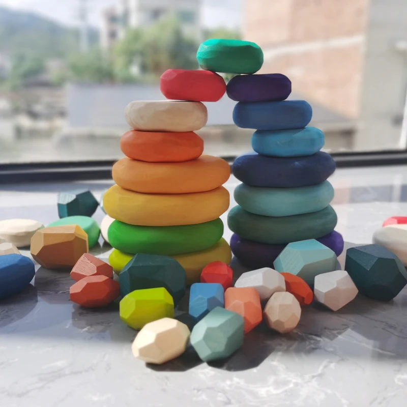 

Large Wooden Toys Rainbow Stacking Jenga Natural Solid wood Flat Stone Building Blocks Baby Early Learning Game