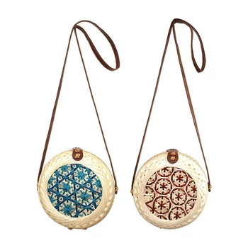 

2x Round Straw Beach Bag Women Bamboo bag Circle Rattan Bag Colorful Flower Pattern Design Shoulder Bags Red & Blue