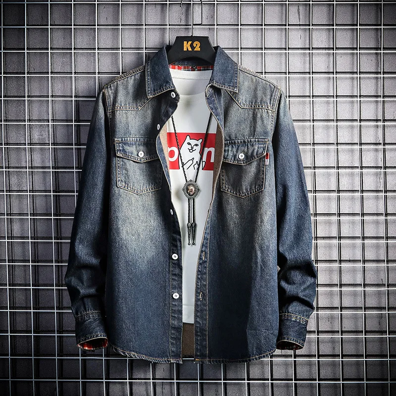 

Spring Autumn Fashion Men Shirts Retro Blue Long Sleeve Denim Shirts Japanese Style Vintage Designer Cotton Casual Shirts Hombre
