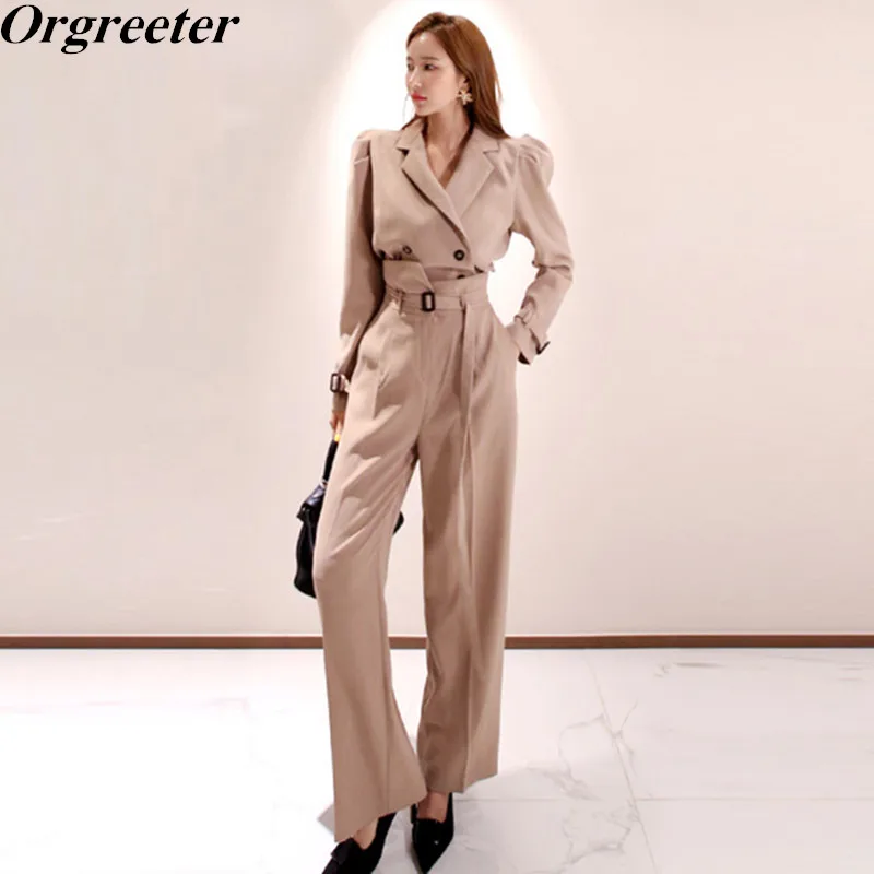 

Elegant Business 2 Pieces Set 2019 Retro Khaki Autumn New Women Lapel Double-breasted Tops and Long Pants Set OL Work Wear