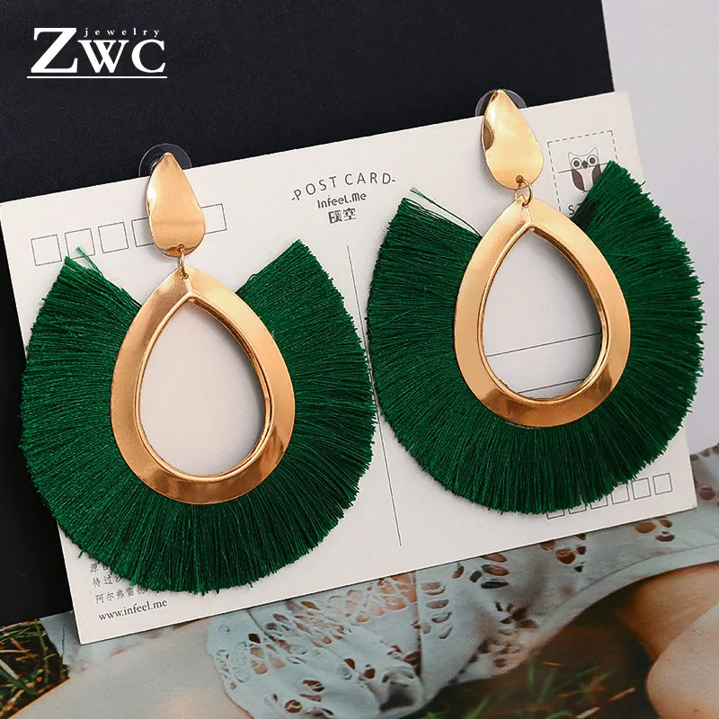 Green1 ZWCX, модные, богемные, с кисточками, винтажные, массивные, висячие серьги для женщин, черные, красные, желтые, большие висячие серьги с бахромой, ювелирные изделия - Окраска металла: Green1