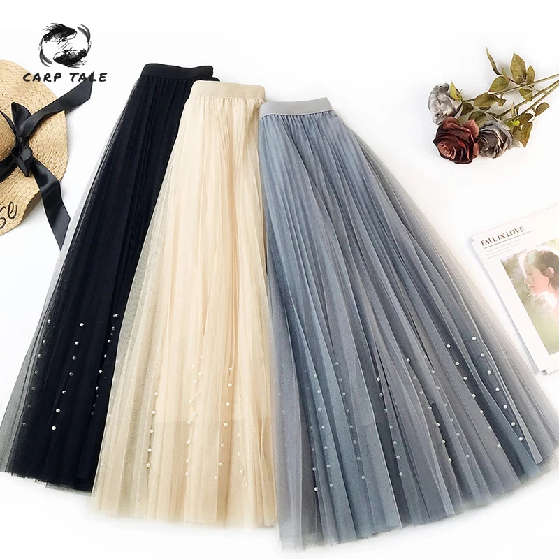 

Women's Tulle Plain Pleated Skirt 2019 New Fashion Black Pink White Apricot Grey Mesh Midi Skirt High Waist Woman Skirts Autumn