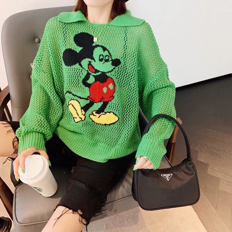 

Korean Preppy Autumn New Lapel Long-sleeved Hollow Mickey Cartoon Knitted Tops Female 2019 Fashion Knitting Sweaters Casual